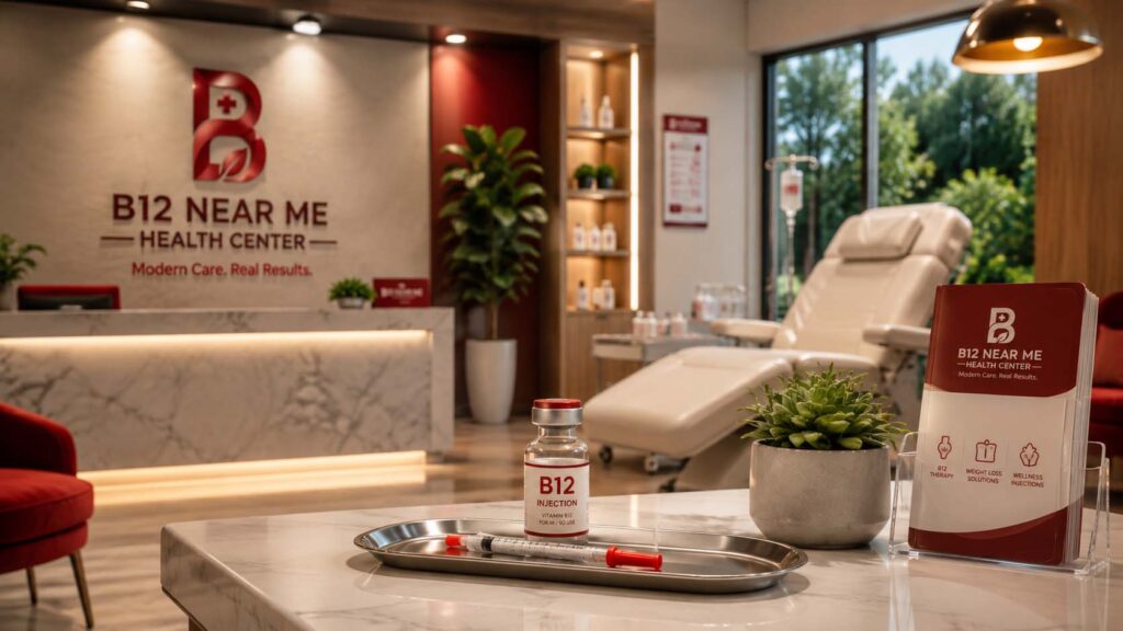 Calm treatment room with a vitamin B12 vial at a Miami wellness clinic
