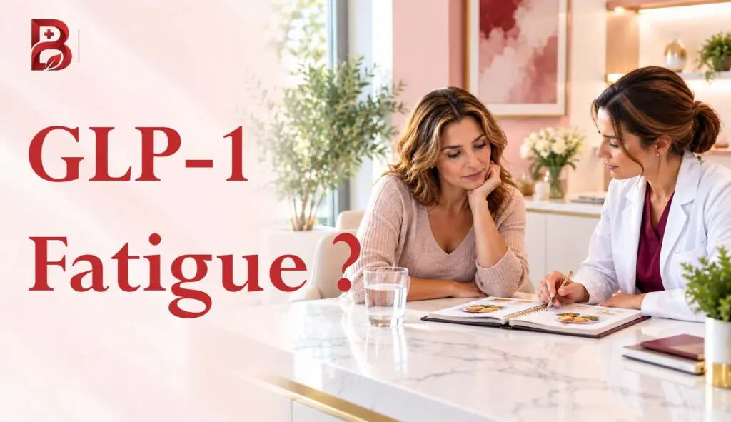 Illustration of a patient discussing GLP-1 fatigue and nutrition with a healthcare professional.